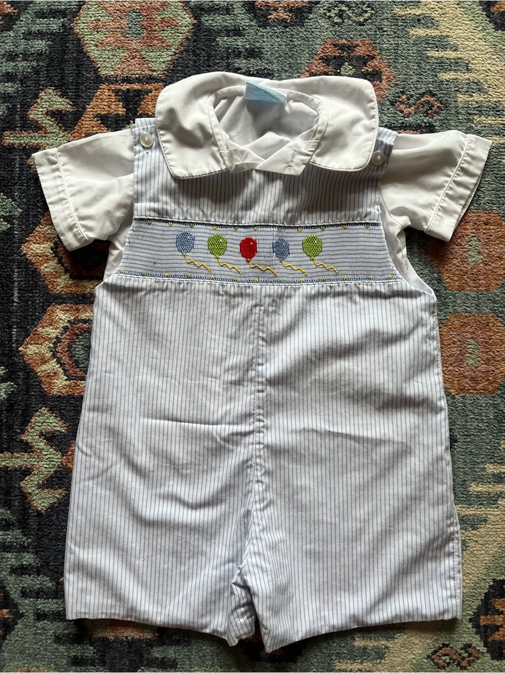 Baby Boys White & Light Blue Striped Smocked Balloon Shortalls